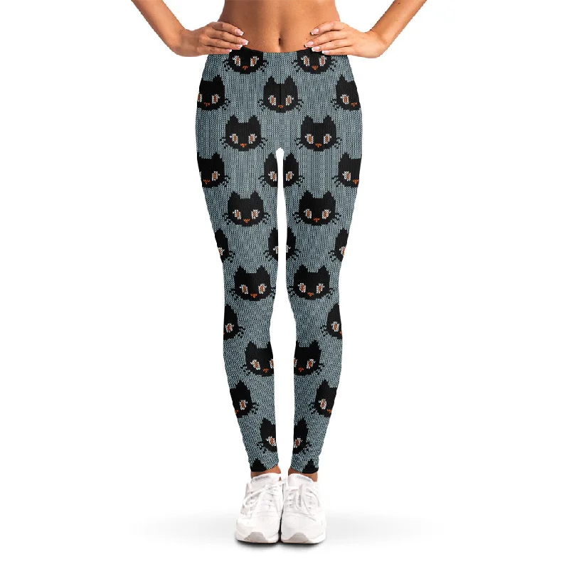 Black Cat Knitted Pattern Print Women's Leggings Elegant Textured Leggings