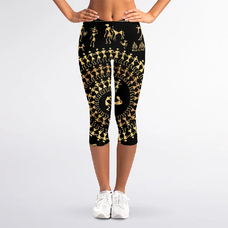 Black And Gold Warli Tribal Print Women's Capri Leggings Cozy Sweat-Wicking Leggings