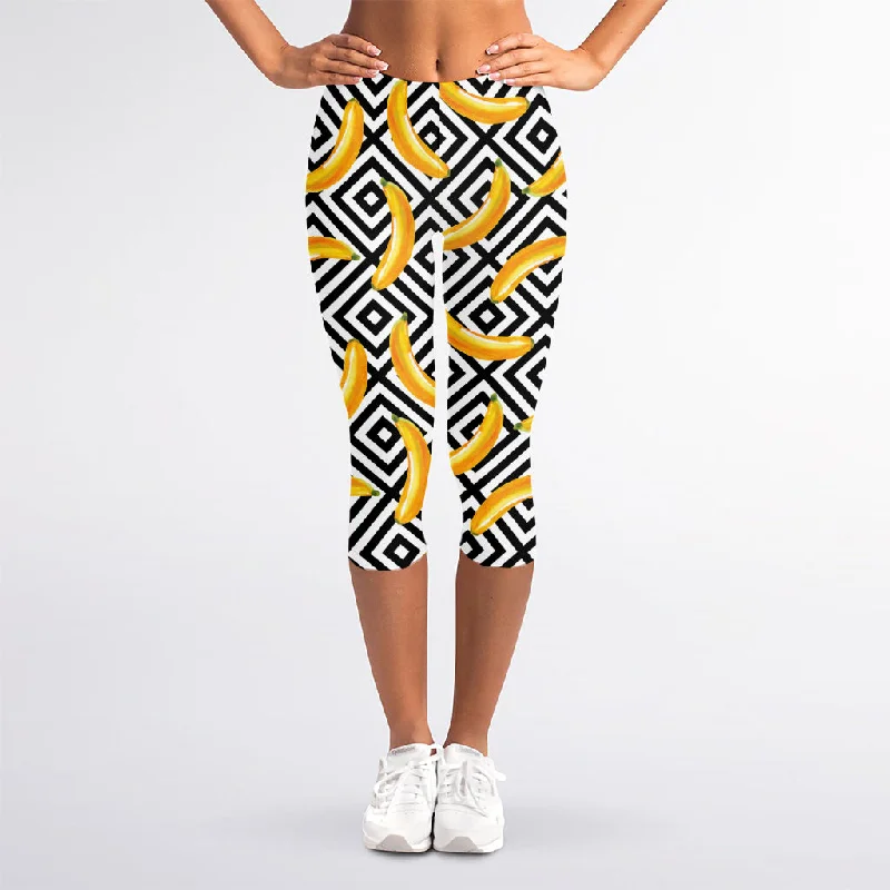 Black And White Geometric Banana Print Women's Capri Leggings Elegant Full-Body Leggings