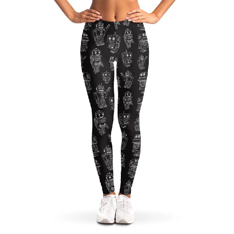 Black And White Robot Pattern Print Women's Leggings Trendy Cut-Out Activewear Leggings