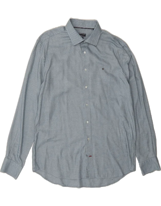 TOMMY HILFIGER Mens Fitted Shirt Size 17/12 XL Blue Check Hooded Caped Shawl Collar