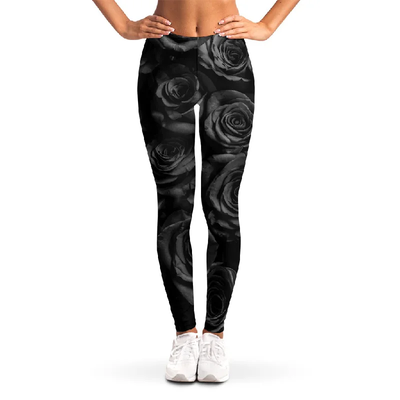 Black Rose Print Women's Leggings Fashionable Moisture-Wicking Leggings