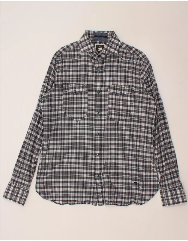 G-STAR Mens Shirt XL Navy Blue Check Cotton Embroidered Appliqued Beaded