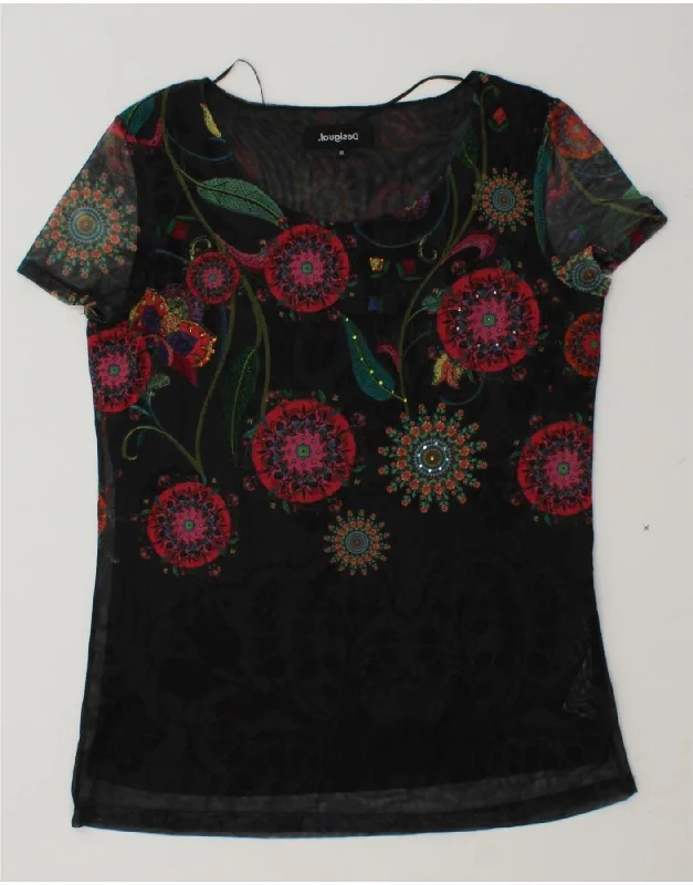 DESIGUAL Womens T-Shirt Top UK 12 Medium Black Floral Polyester Sequined Glittery Shiny