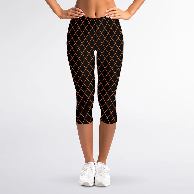Black And Orange Harlequin Print Women's Capri Leggings Stylish Printed Stretch Leggings