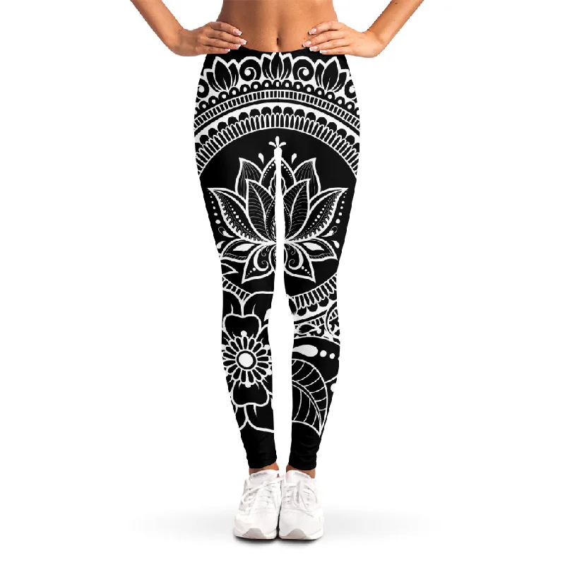 Black And White Lotus Flower Print Women's Leggings Elegant Textured Leggings