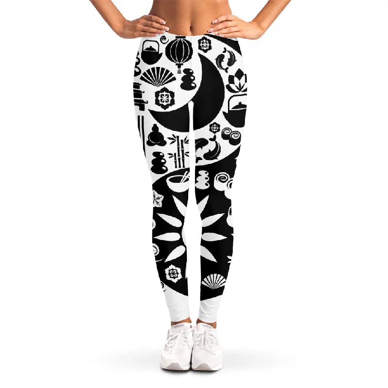 Black And White Japanese Yin Yang Print Women's Leggings Trendy Digital Print Leggings