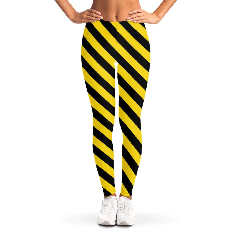 Black And Yellow Warning Striped Print Women's Leggings Comfortable Bootcut Workout Leggings