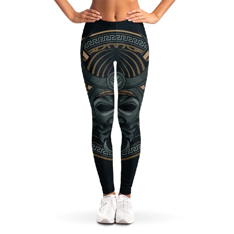 Black Samurai Mask Print Women's Leggings Fashionable Leather-Look Leggings