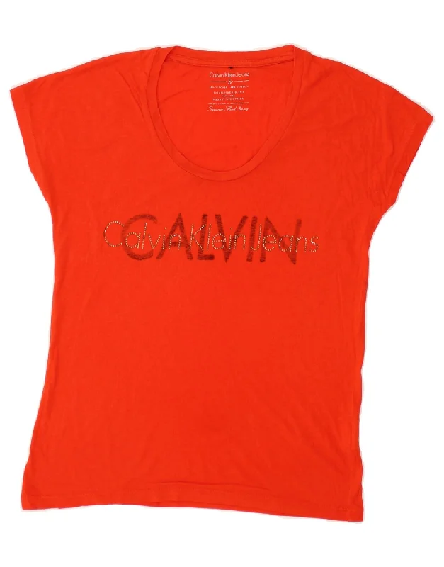 CALVIN KLEIN JEANS Womens Graphic T-Shirt Top UK 10 Small Orange Viscose Houndstooth Herringbone Solid
