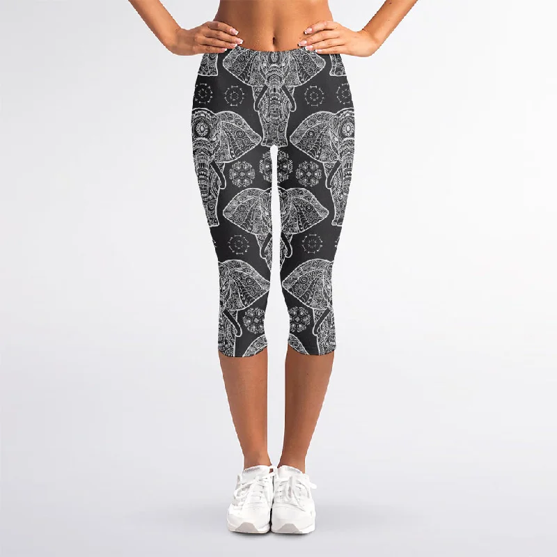 Black And White Boho Elephant Print Women's Capri Leggings Trendy Adjustable Waist Leggings