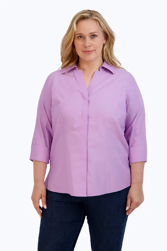 Taylor Plus Pinpoint No Iron 3/4 Sleeve Shirt, Soft Violet Graphic T-Shirt Round Neck Polyester