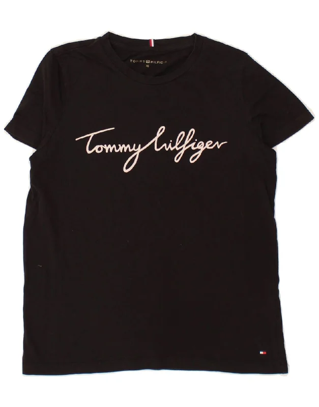 TOMMY HILFIGER Womens Graphic T-Shirt Top UK 6 XS Black Cotton Striped Floral Plaid
