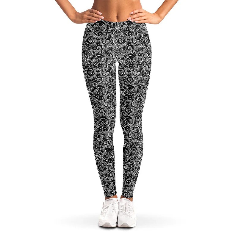 Black And White Octopus Tentacles Print Women's Leggings Casual Black Leggings