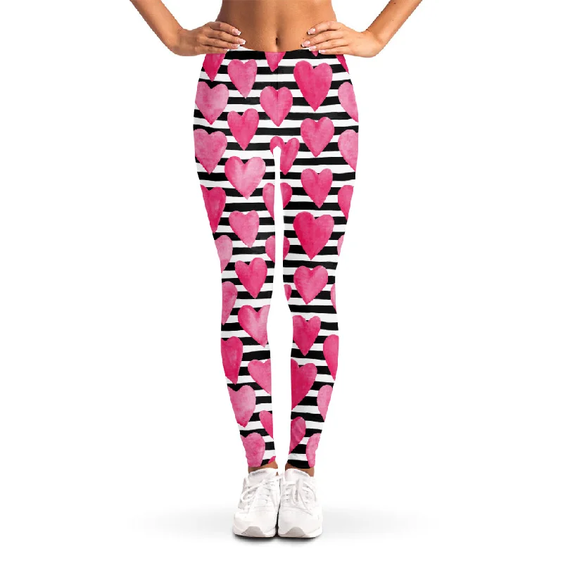 Black And White Striped Heart Print Women's Leggings Comfortable Zip-Up Leggings