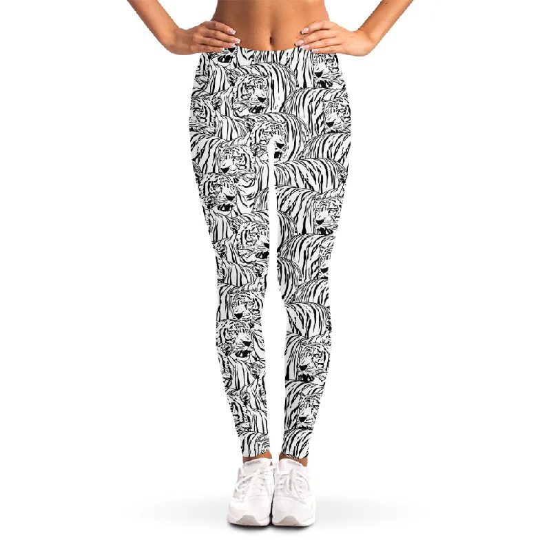 Black And White Tiger Pattern Print Women's Leggings Fashionable Solid Color Tights