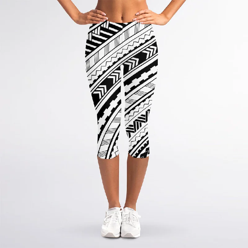 Black And White Maori Polynesian Print Women's Capri Leggings Cozy Cotton Leggings
