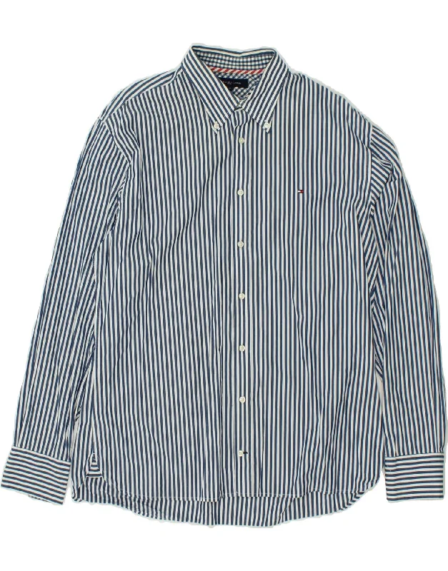 TOMMY HILFIGER Mens Shirt XL Navy Blue Pinstripe Cotton Nylon Fabric Polyester Fabric Spandex Fabric