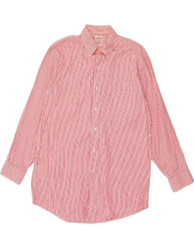 BROOKS BROTHERS Mens Clark Shirt Size 15 1/2 Medium Red Striped Cotton V-Neck T-Shirt Long Sleeve Cotton