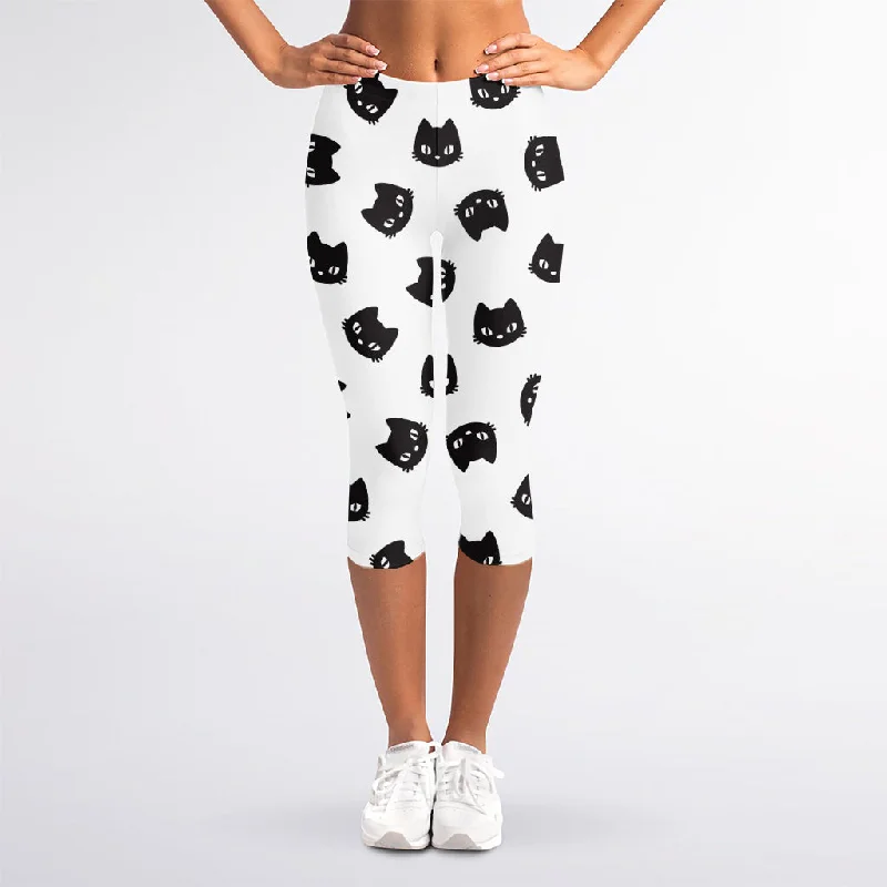 Black And White Cat Pattern Print Women's Capri Leggings Chic Floral Print Leggings