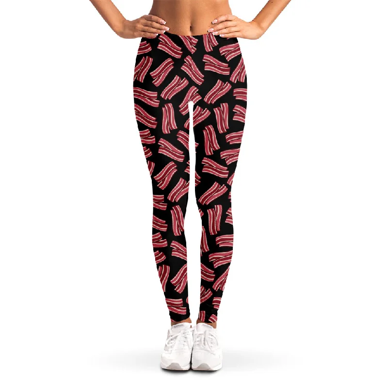 Black Bacon Pattern Print Women's Leggings Cozy Yoga Compression Leggings