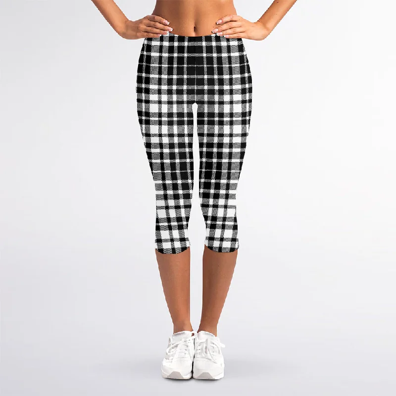 Black And White Border Tartan Print Women's Capri Leggings Cozy Reflective Detail Leggings