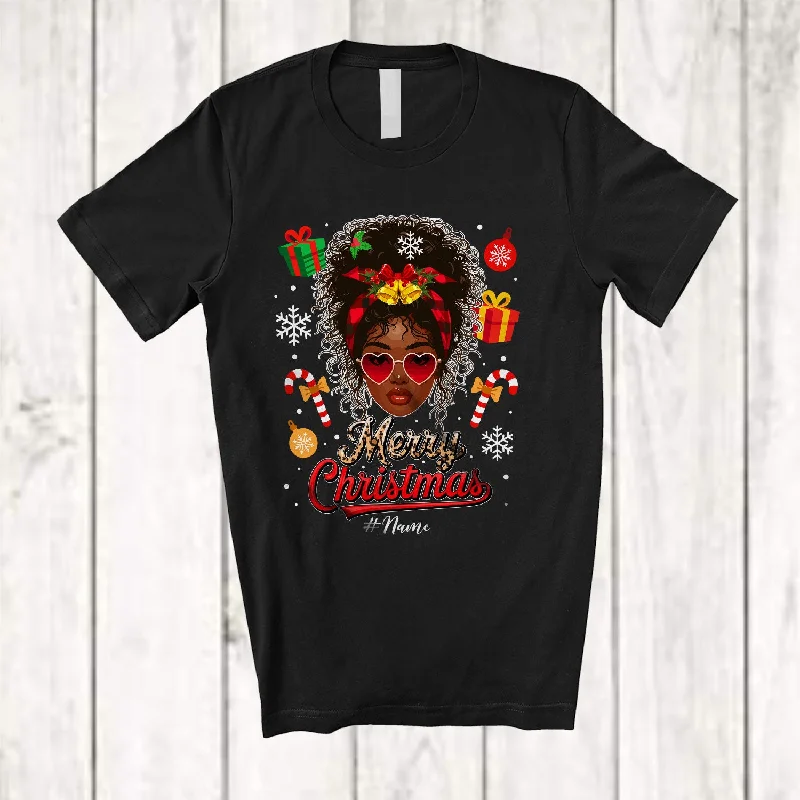 Personalized Merry Christmas; Lovely Custom Name Afro Women Plaid Leopard Face; Black African T-Shirt Graphic Embroidered Appliqued