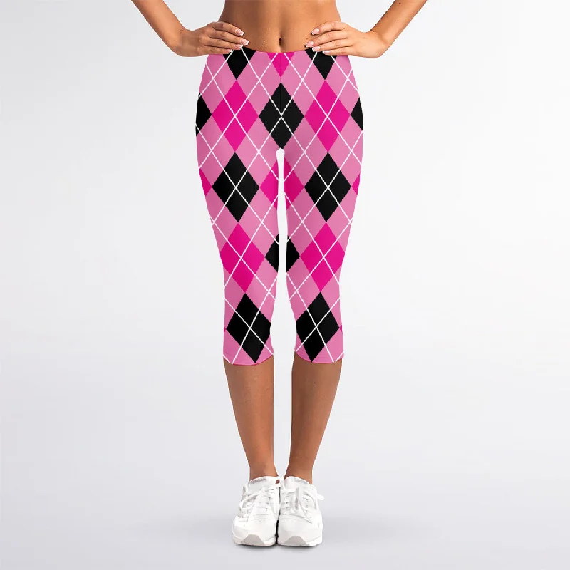 Black And Pink Argyle Pattern Print Women's Capri Leggings Fashionable Tummy Control Leggings