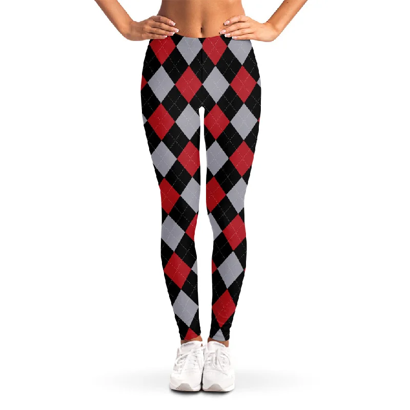 Black Red And Grey Argyle Pattern Print Women's Leggings Stylish Printed Stretch Leggings