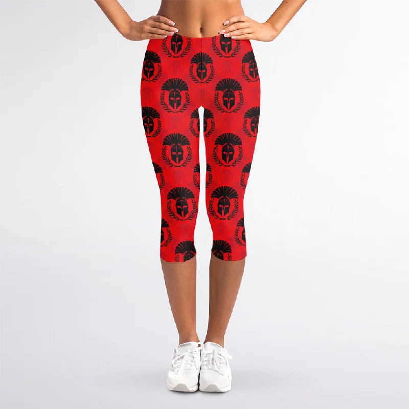 Black And Red Spartan Pattern Print Women's Capri Leggings Comfortable Sports Performance Tights