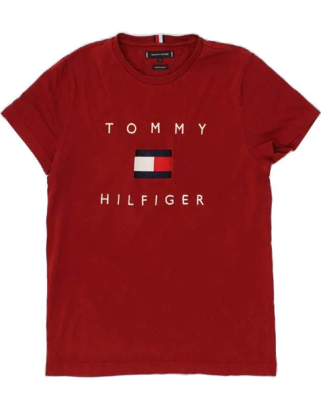 TOMMY HILFIGER Mens Graphic T-Shirt Top Medium Burgundy Cotton Handmade Hand-knitted Hand-woven