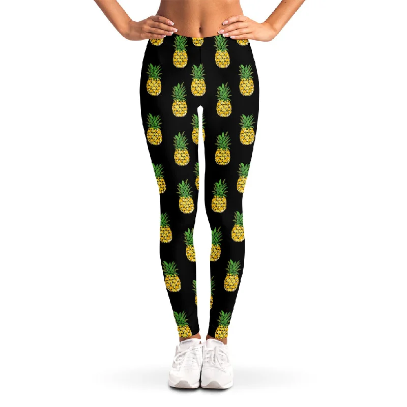 Black Cute Pineapple Pattern Print Women's Leggings Fashionable High-Rise Workout Leggings