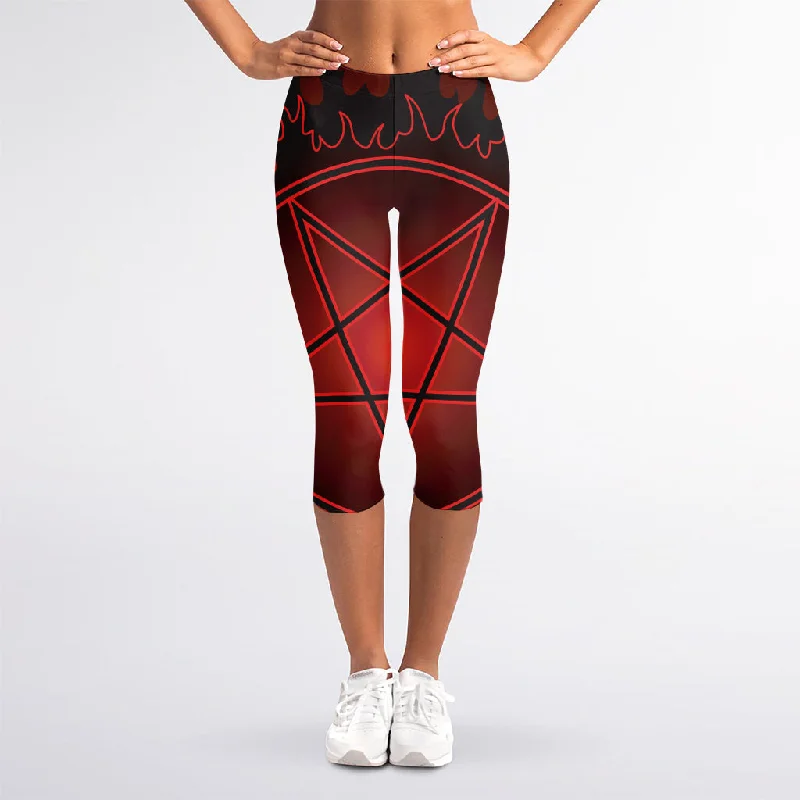 Black And Red Satanic Pentagram Print Women's Capri Leggings Elegant Printed Leggings with Pockets