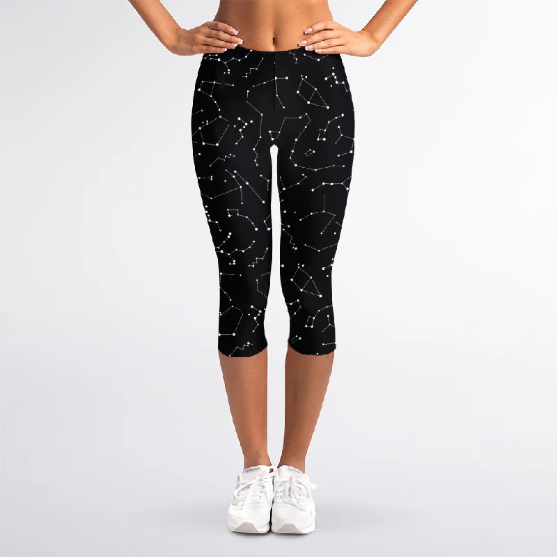 Black And White Constellation Print Women's Capri Leggings Trendy Cut-Out Activewear Leggings