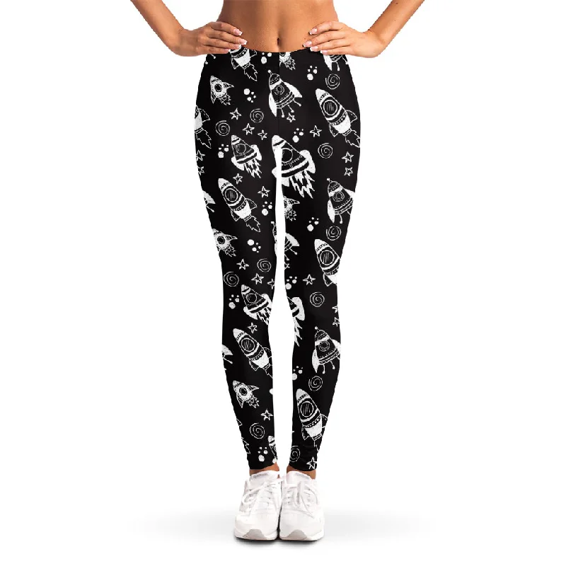 Black And White Rocket Pattern Print Women's Leggings Fashionable Stretchy Fit Leggings