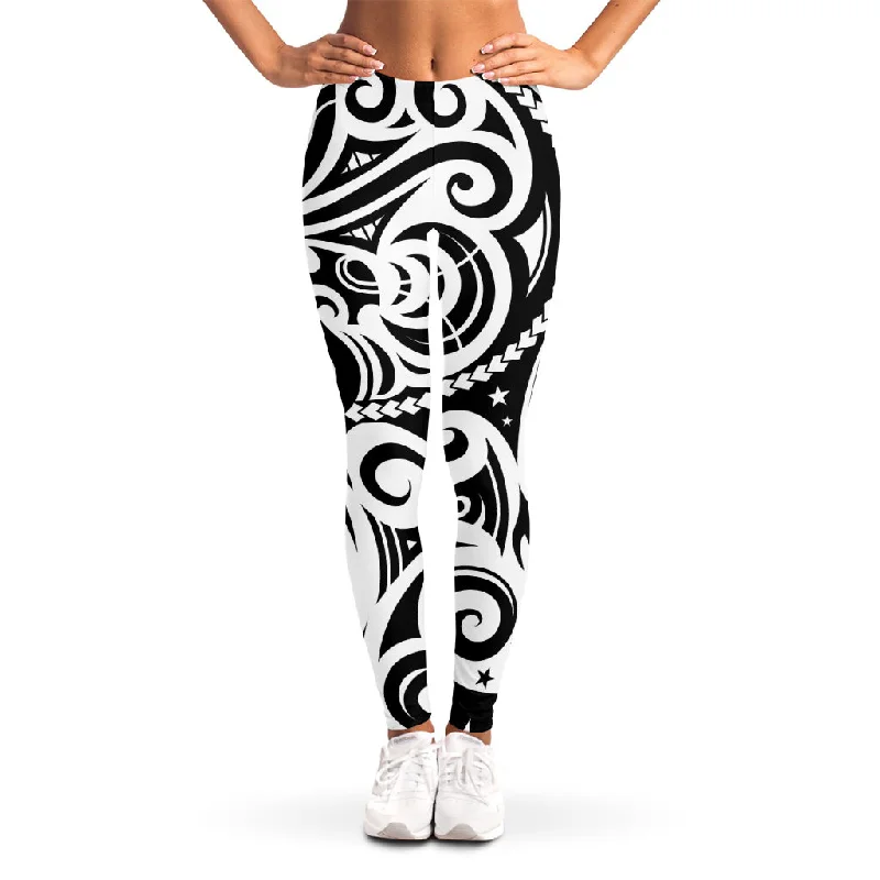 Black And White Polynesian Tattoo Print Women's Leggings Cozy Mid-Rise Workout Leggings