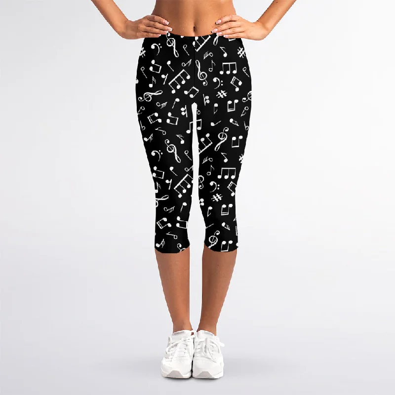 Black And White Music Note Pattern Print Women's Capri Leggings Trendy Colorblock Print Leggings