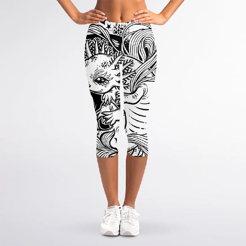 Black And White Axolotl Print Women's Capri Leggings Comfortable Printed Workout Leggings