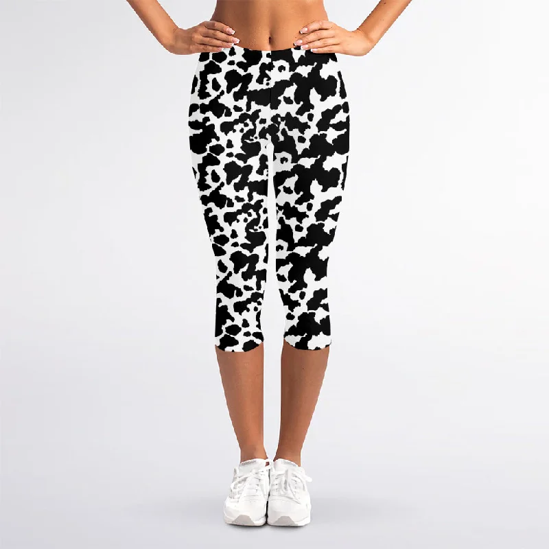 Black And White Cow Pattern Print Women's Capri Leggings Stylish Side-Stripe Leggings
