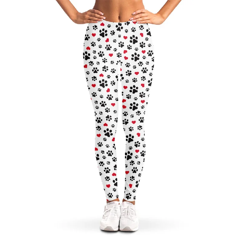 Black Paw And Heart Pattern Print Women's Leggings Elegant Stretchy Faux Leather Leggings
