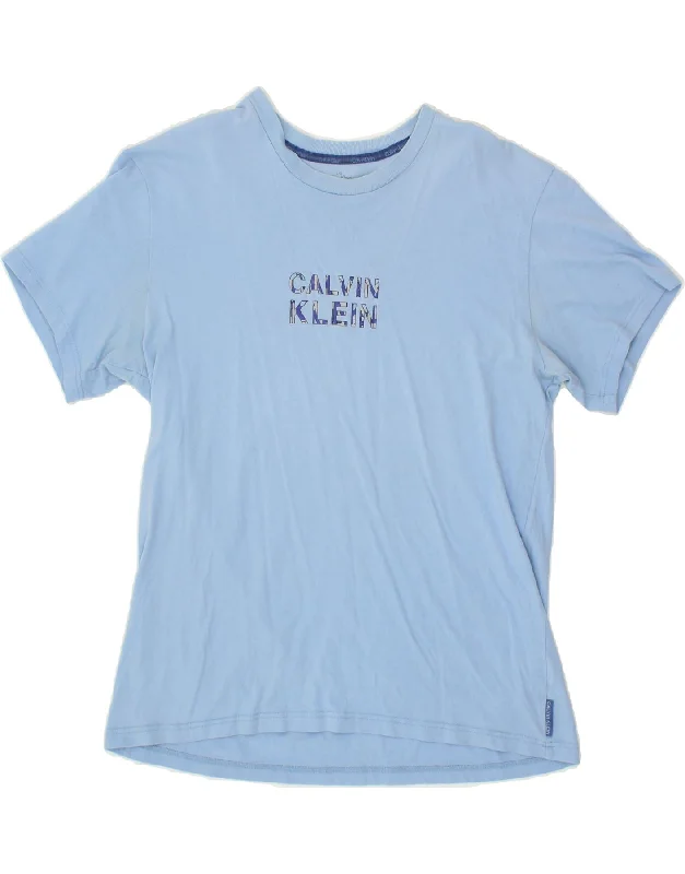 CALVIN KLEIN Womens Graphic T-Shirt Top UK 16 Large Blue Thin T-Shirt Open Front Quick Dry