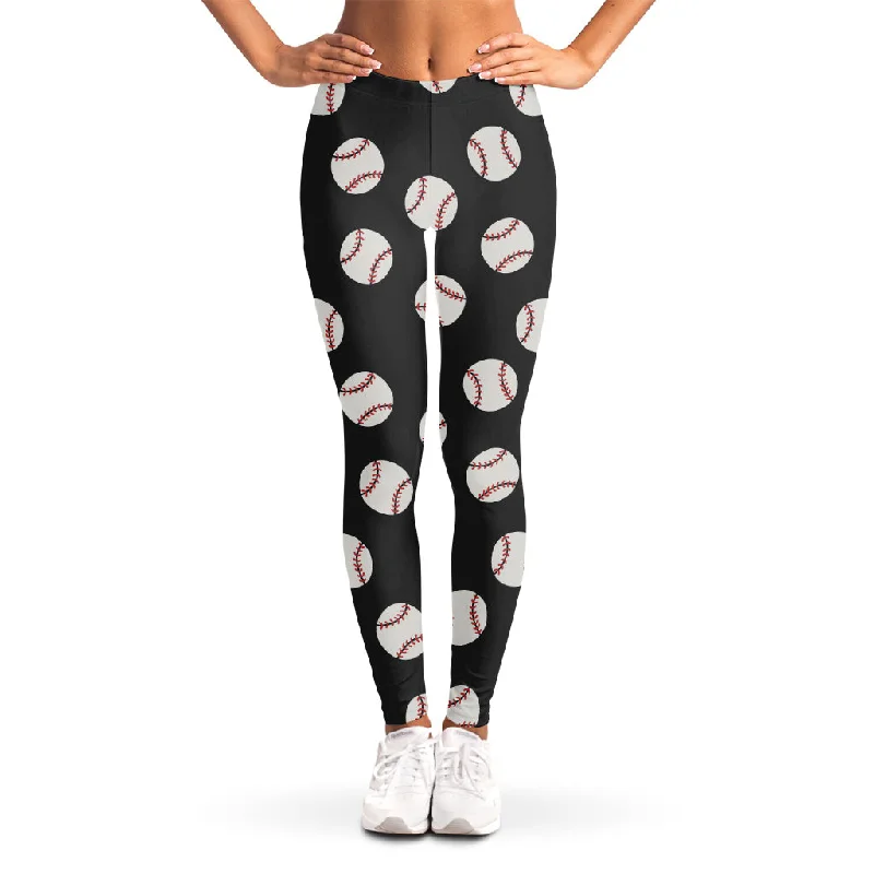Black Baseball Pattern Print Women's Leggings Stylish Capri Leggings