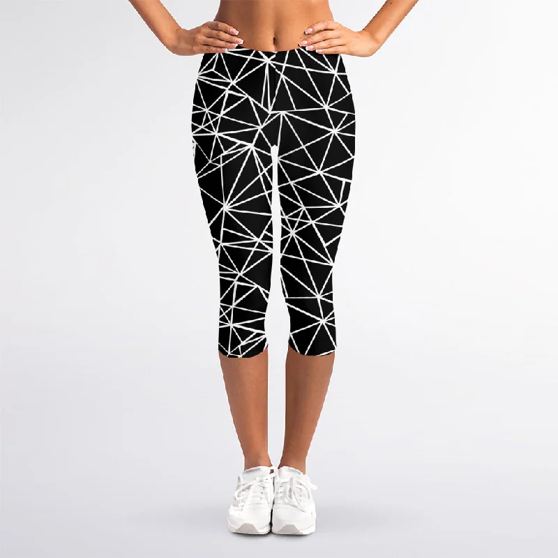 Black And White Geometric Mosaic Print Women's Capri Leggings Trendy Black Mesh Leggings