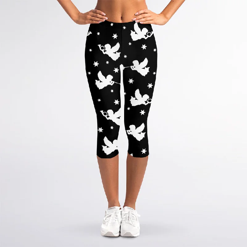 Black And White Angel Pattern Print Women's Capri Leggings Stylish Everyday Leggings