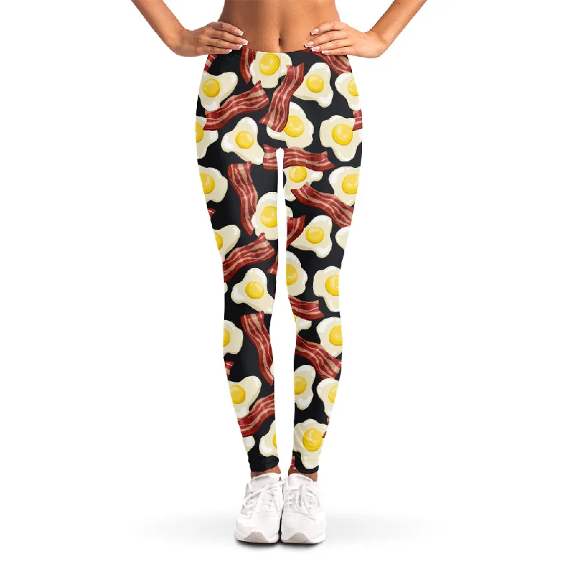 Black Fried Egg And Bacon Pattern Print Women's Leggings Comfortable Cold Weather Leggings