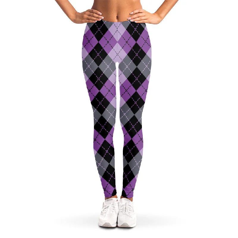 Black Grey And Violet Argyle Print Women's Leggings Cozy Workout Performance Leggings