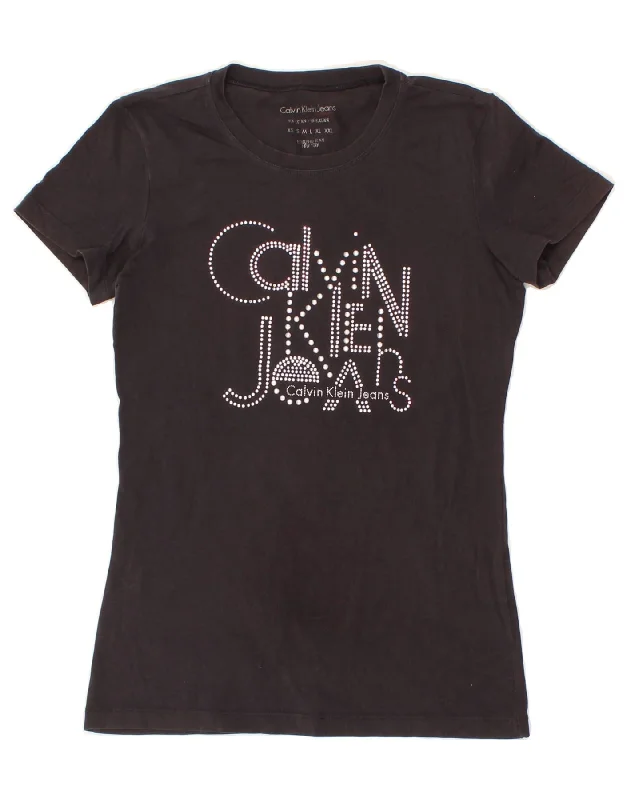 CALVIN KLEIN JEANS Womens Graphic T-Shirt Top UK 12 Medium Black Cotton Knit Fabric Woven Fabric Fleece Fabric