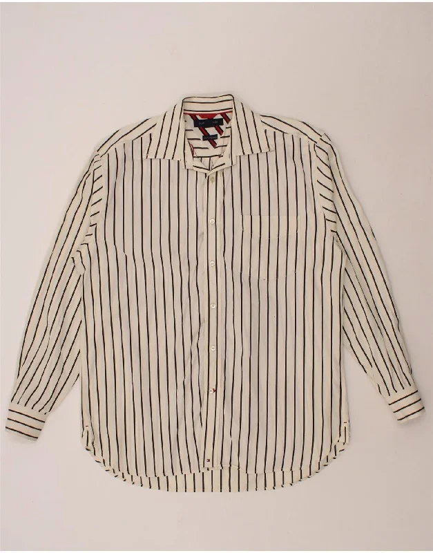 TOMMY HILFIGER Mens Shirt Large Off White Striped Cotton Fitted T-Shirt Seamless Stretchy
