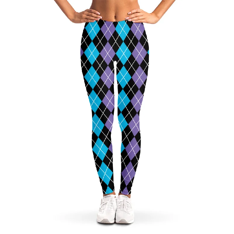 Black Purple And Blue Argyle Print Women's Leggings Elegant Metallic Leggings