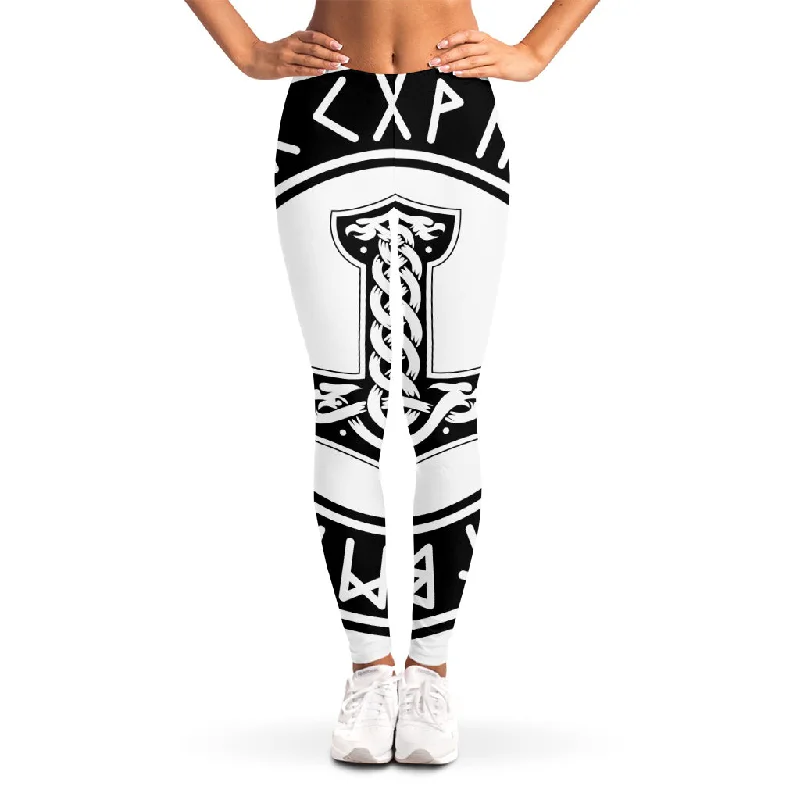 Black And White Mjolnir Print Women's Leggings Trendy Spandex Leggings